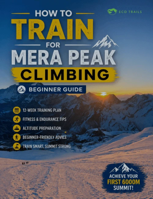 sunrise view from Mera Peak with climbers trekking on snowy mountain trail