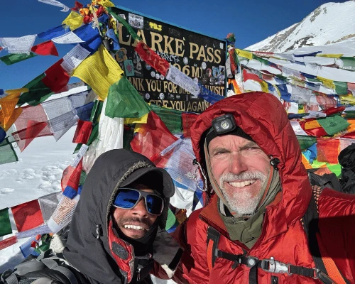 Guide And Trekker At Larkya La